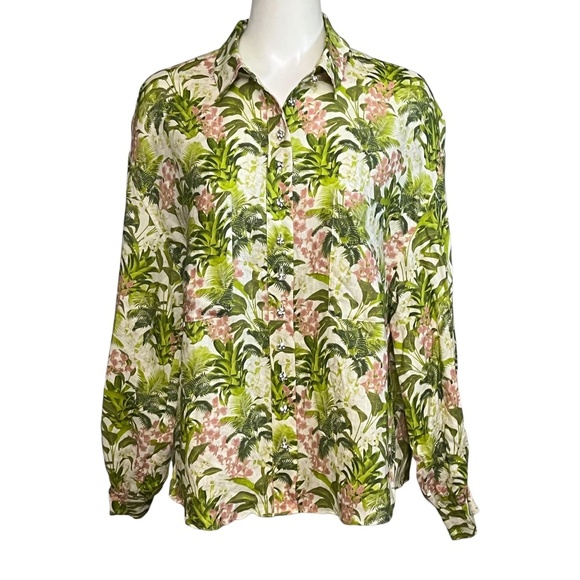 Cami NYC Belkis Shirt Crystal Embellished Buttons Linen Floral Tropical Top sz L - Picture 2 of 13